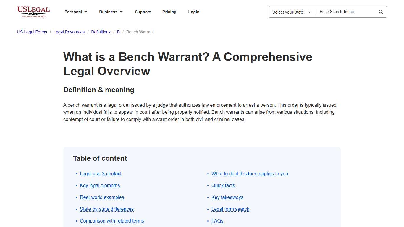 Bench Warrant: Understanding Its Legal Definition | US Legal Forms